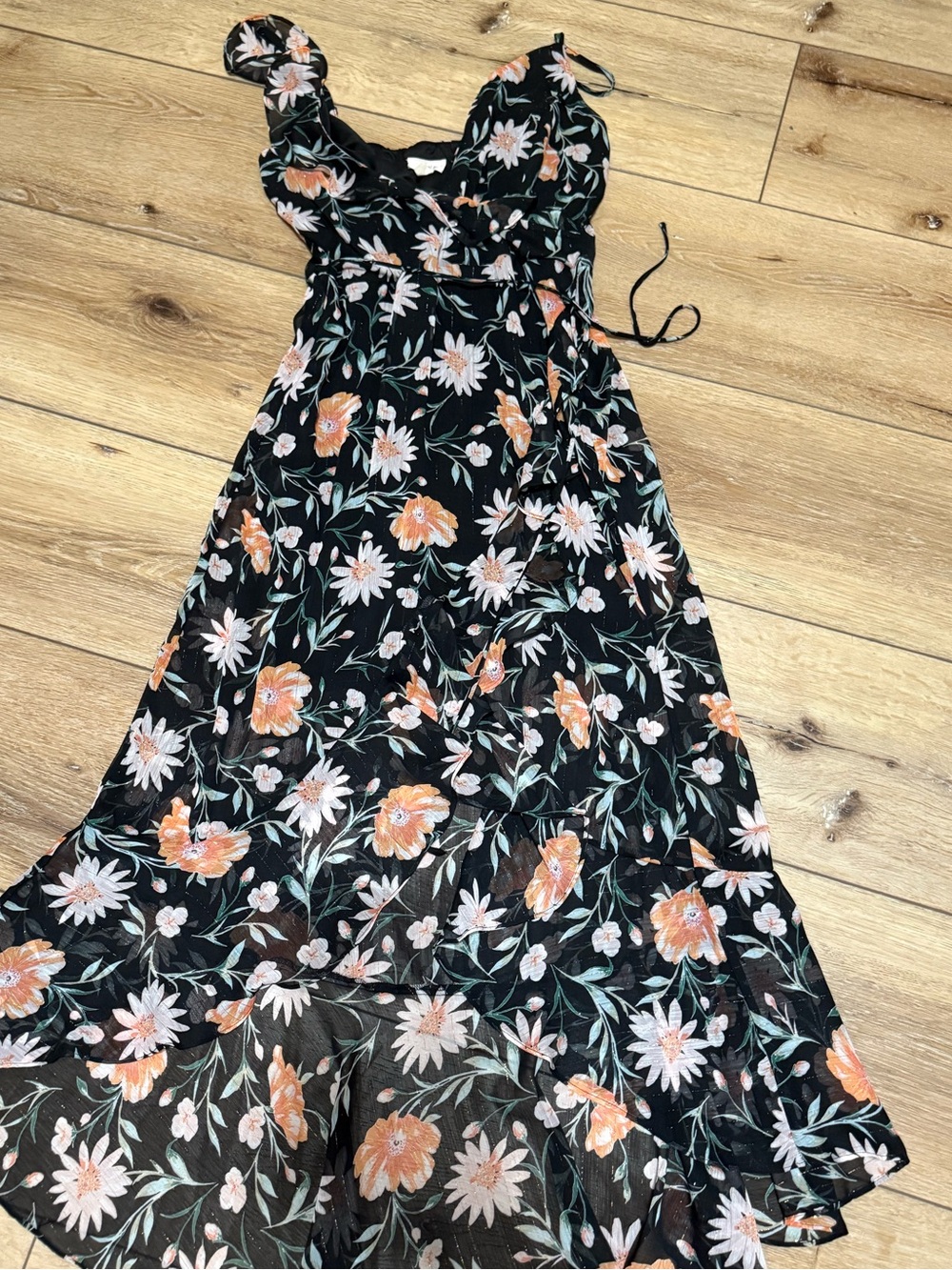Black Floral Tie-Strap Maxi Dress with Peach Accents
